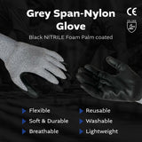 Grey Span-Nylon Glove - Black NITRILE Foam Palm coated (4 sizes), 5ea