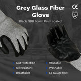 Grey Glass Fiber Glove - Black NBR Foam Palm coated (4 sizes), 5ea